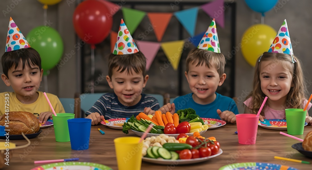 Fototapeta premium Joyful Kids Celebrating Birthday with Healthy Snacks