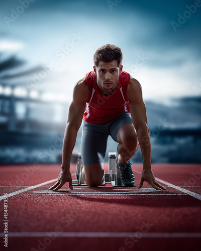 Athlete Crouching at Starting Blocks Ready to Run on Track