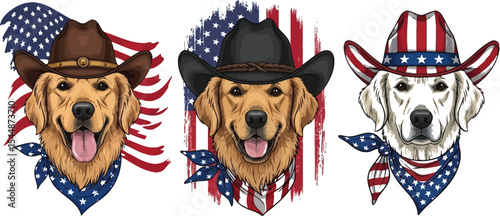 Three dogs wearing cowboy hats and bandanas with american flag backgrounds