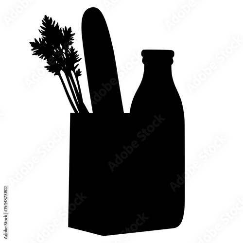 Silhouette of baguette, carrots, and milk in paper bag on white background, grocery essentials