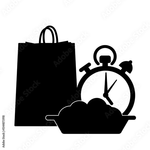 Silhouette of timer with lunch tray and grocery bag, delivery and time management