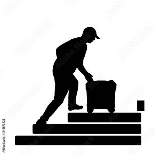 Silhouette of delivery person with package on stairs, logistics efficiency concept