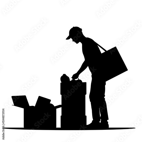 Silhouette of delivery person with package beside lunch kit, efficient meal prep