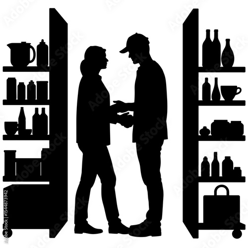 Silhouette of delivery interaction in pantry, home organization and food supply