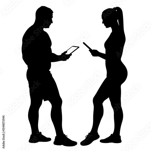 Silhouette of fitness trainers with tablets on white background, digital workout planning
