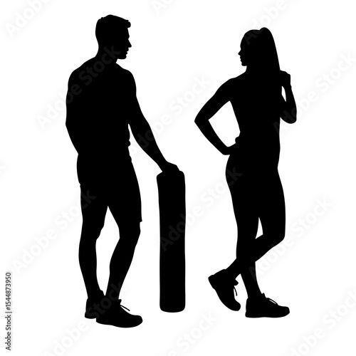 Silhouette of athletes with foam roller on white background, fitness recovery
