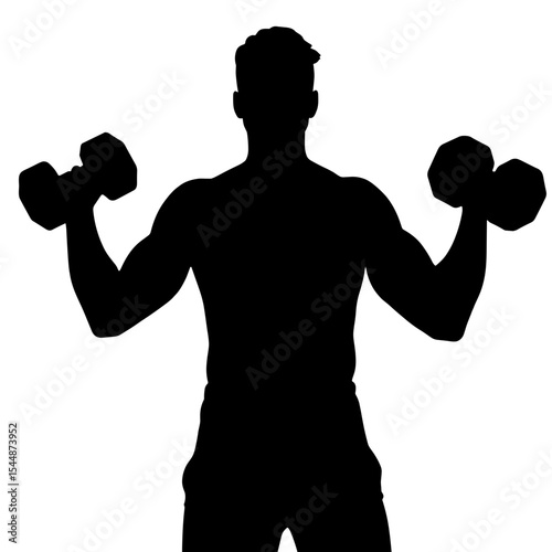 Silhouette of person lifting dumbbells on white background, fitness training strength