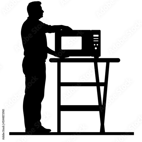 Silhouette of person placing microwave on shelf, easy setup and space-saving solution