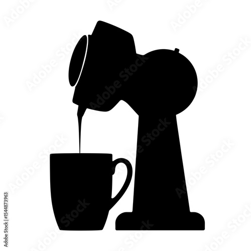 Silhouette of coffee maker dripping into mug on white, minimal morning brew
