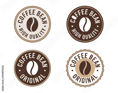 set of four coffee bean logos with retro circular badge designs in brown and beige tones, perfect for cafe branding and product packaging