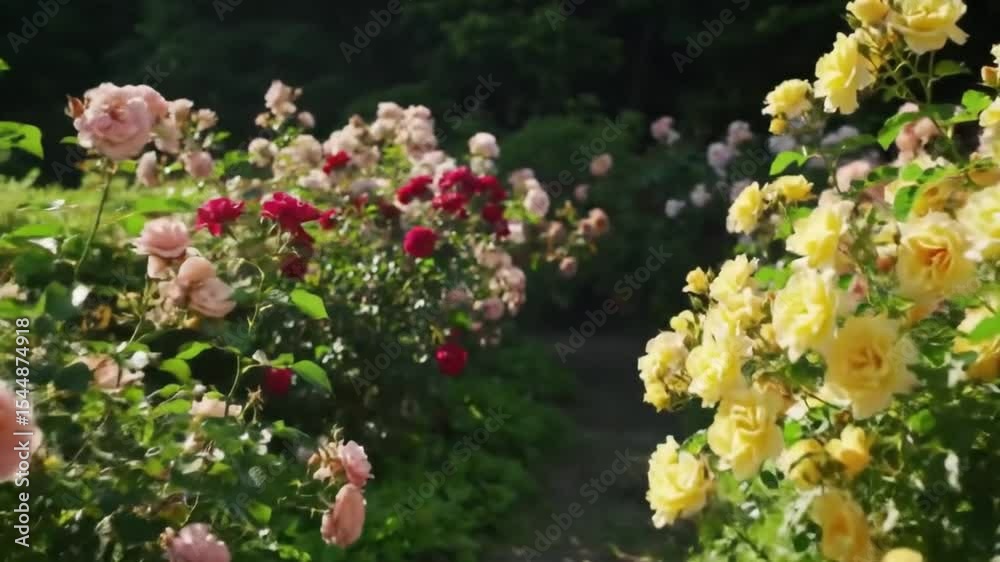 A scenic view of a garden path lined with vibrant rose bushes in full bloom on a sunny day