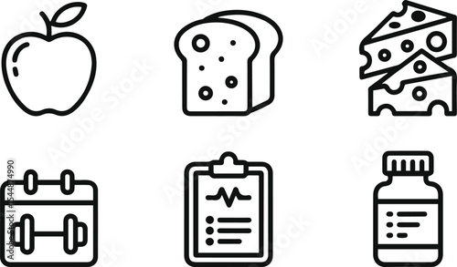 Healthy Eating and Fitness Icons Set. and outline vector illustration.