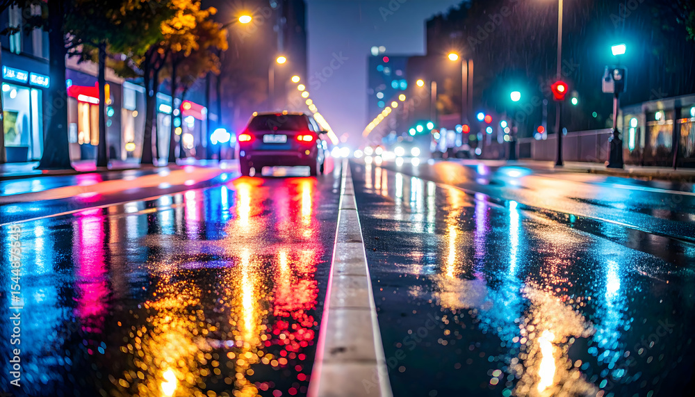 Obraz premium Rainy Night City Street With Colorful Reflections