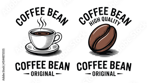 coffee bean logos with steaming cup and bean illustration for premium cafe branding, product packaging, and marketing designs