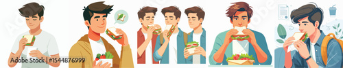 vector character young man eating sandwich
