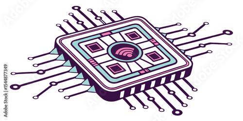 Isometric view of a computer chip with wifi symbol surrounded by pins and geometric shapes design