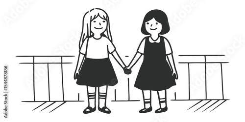 Two girls holding hands standing near a railing in a black and white doodle illustration style drawing