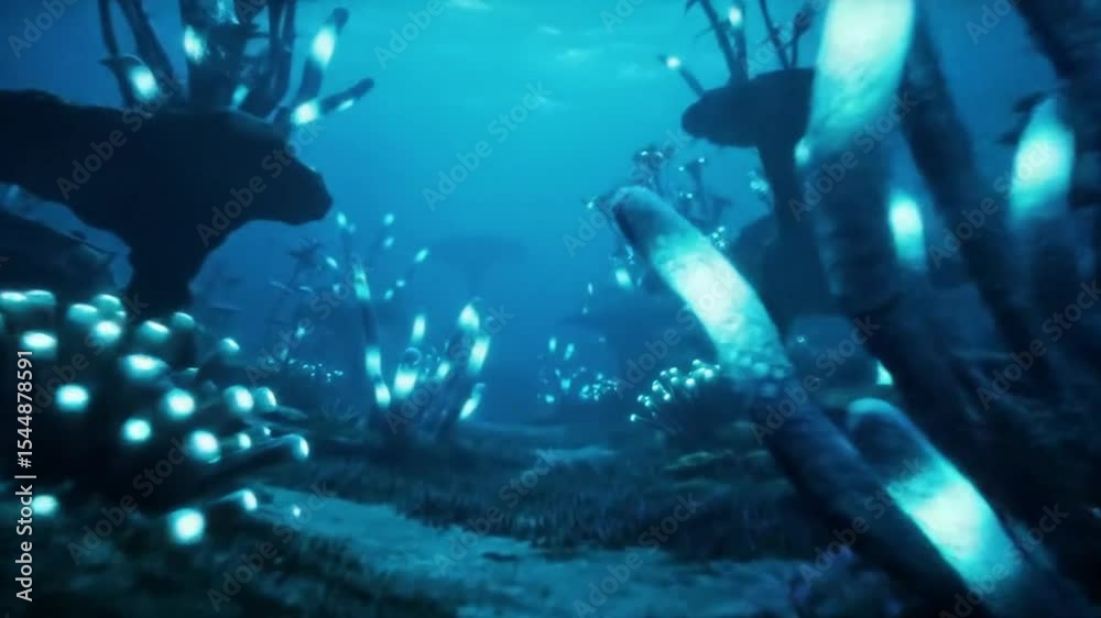 Bioluminescent Sea Lights | Abstract view of underwater glowing elements, bioluminescence, blue ocean hues, 4K smooth visuals