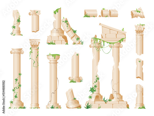 Realistic set of ruined ancient marble columns with climbing green ivy leaves isolated vector illustra