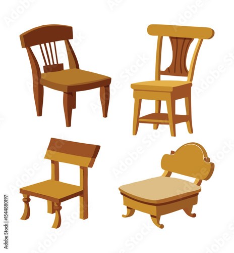 Four different styles of cartoon wooden chairs and a small upholstered chair., wooden chair isolated on white