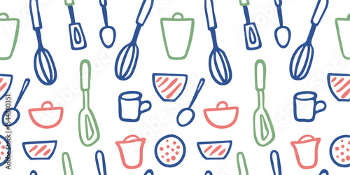Seamless pattern of kitchen utensils including whisks spoons bowls and mugs in various colors and styles