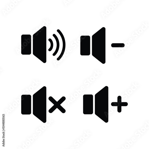 set of four black speaker icons representing mute, unmute, volume up, and volume down options for user interface and audio settings