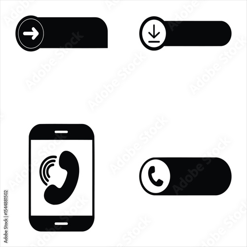 Set Of Four Black And White Vector Icons Arrow Download Phone Call Symbol Minimalist