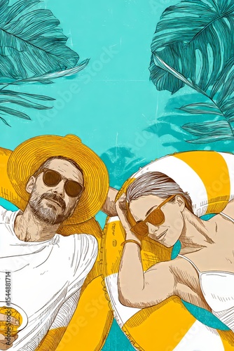 A stylish couple enjoys a sunny day by a pool, surrounded by tropical leaves. The man wears a straw hat and sunglasses, while the woman sports a white swimsuit and shades.
