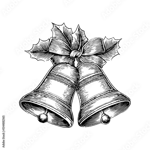Two Christmas bells tied with a ribbon and holly leaves, in vintage engraving style on white background, symbolizing holiday celebration