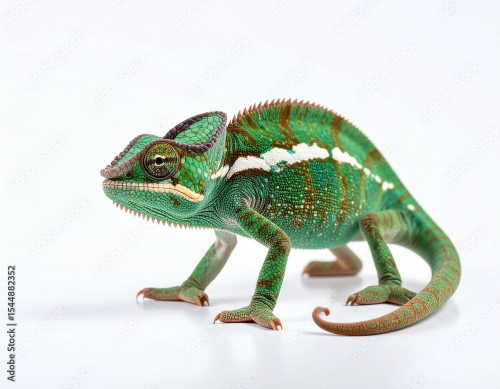 Obraz premium Green Veiled Chameleon on White Background Close up Studio Shot of Reptile