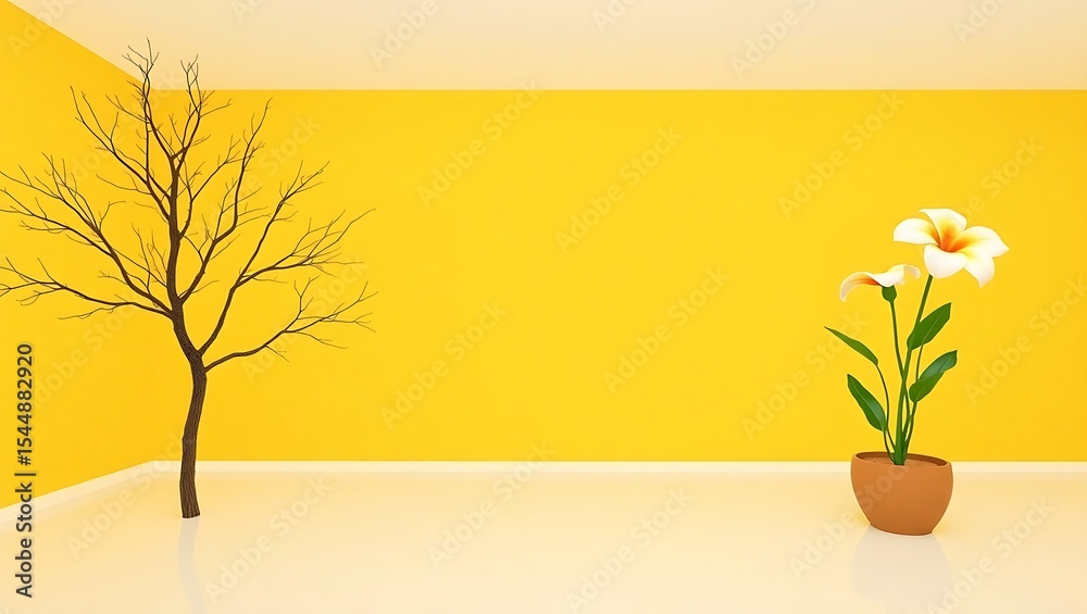 Obraz premium Minimalist room interior with bare tree and flowers