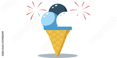 A delightful cartoon ice cream cone with three scoops and festive fireworks on a white background