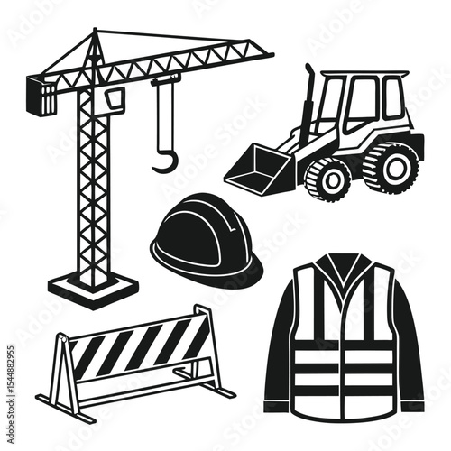 Construction site icons crane loader helmet vest barrier
