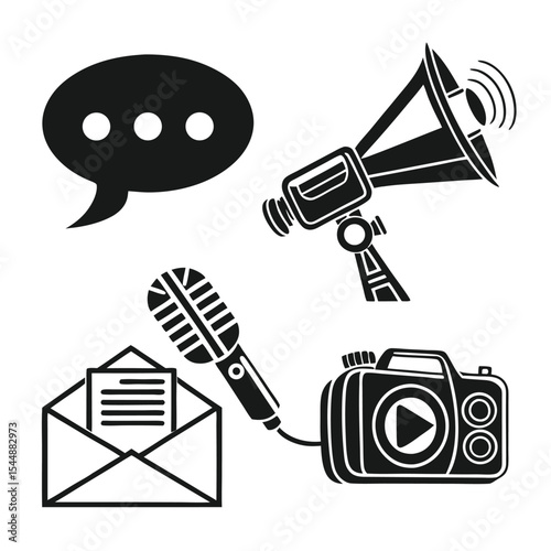 Communication media icons set broadcasting journalism