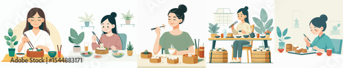 vector character woman eating dimsum