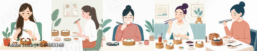 vector character woman eating dimsum