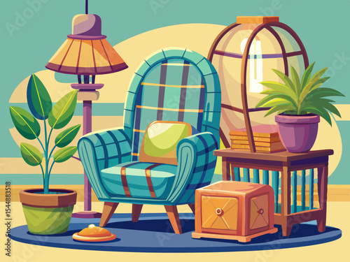 vector of Decoration of a phone for being alone 
Decorated chair, wicker box and lamp.