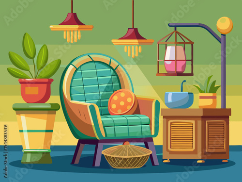 vector of Decoration of a phone for being alone 
Decorated chair, wicker box and lamp.