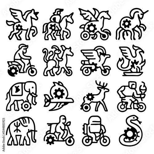 A Collection of unique machine-animal illustrations on a white background. Each character is constructed with distinct machinery elements