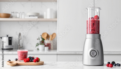 Smoothies being blended in a modern kitchen with fresh fruits and a sleek blender showcasing vibrant pink colors