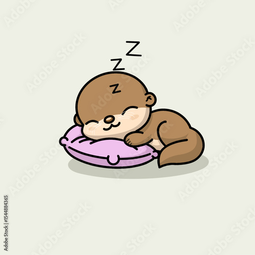 Cute baby otter sleeping peacefully with its favorite pillow in a cozy vector illustration.