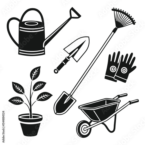 Gardening tools and plant icon set black and white