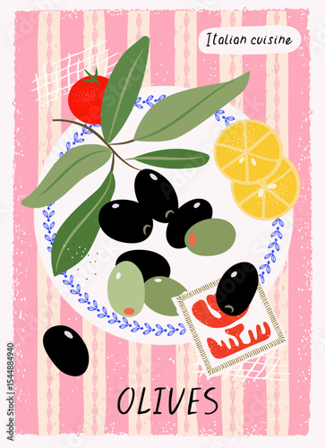 olives italian cuisine , Amalfi, food, mediterranean , creative vertical vector illustration, hand drawn, textured,  decoration, poster, flyer, advertisement, ads, print, paper, cover, background 