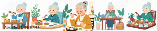 grandmother character vector eating dimsum