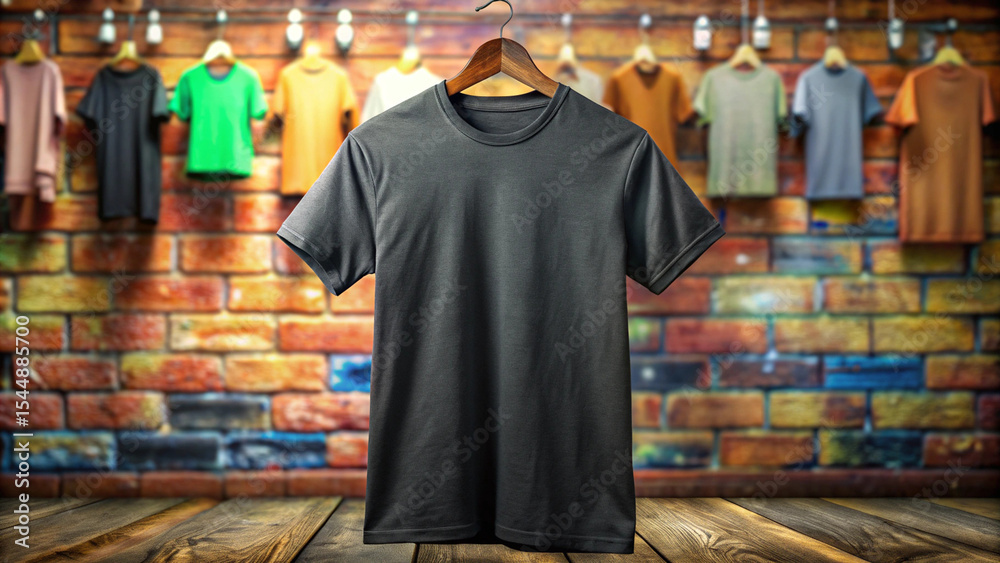 Obraz premium Dark Gray T Shirt on Hanger with Colorful Shirts and Brick Background