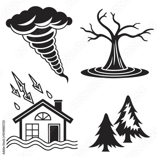 Natural disaster icons set tornado flood lightning and forest fire