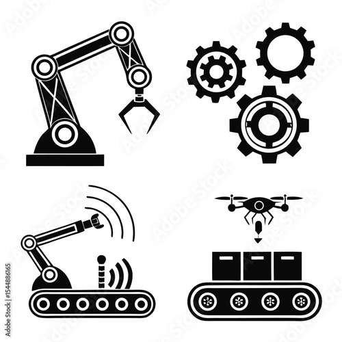Automation technology icons robotic arm gears drone delivery and conveyor belt