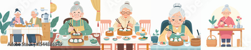 grandmother character vector eating dimsum
