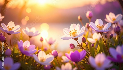 Spring blooming flowers serene lake nature photography evening light close-up beauty of nature