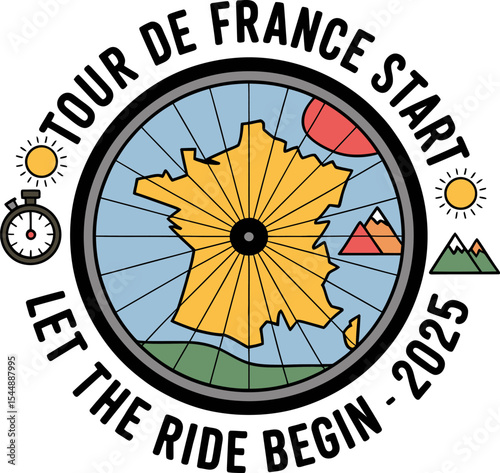 Full color map of France with directional route inside round border labeled tour de France start 2025  